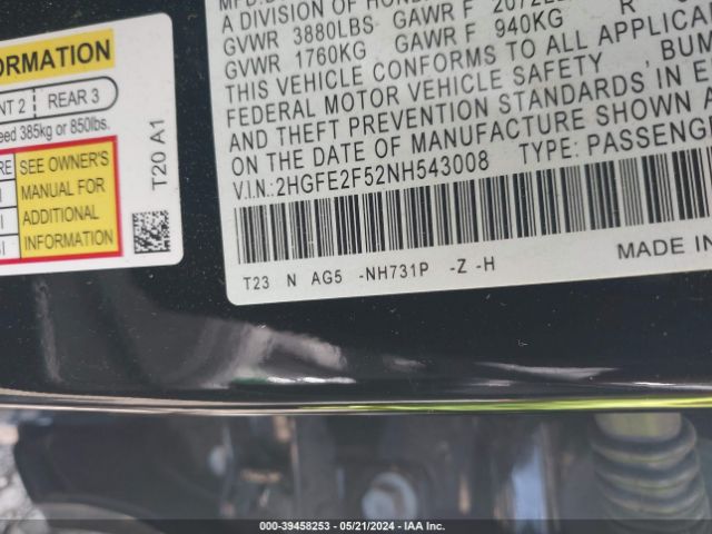 Photo 8 VIN: 2HGFE2F52NH543008 - HONDA CIVIC 