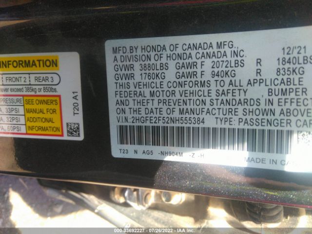 Photo 8 VIN: 2HGFE2F52NH555384 - HONDA CIVIC SEDAN 