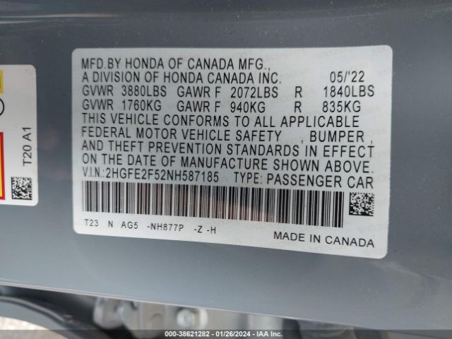 Photo 8 VIN: 2HGFE2F52NH587185 - HONDA CIVIC 