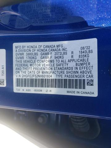 Photo 11 VIN: 2HGFE2F52NH601604 - HONDA CIVIC 