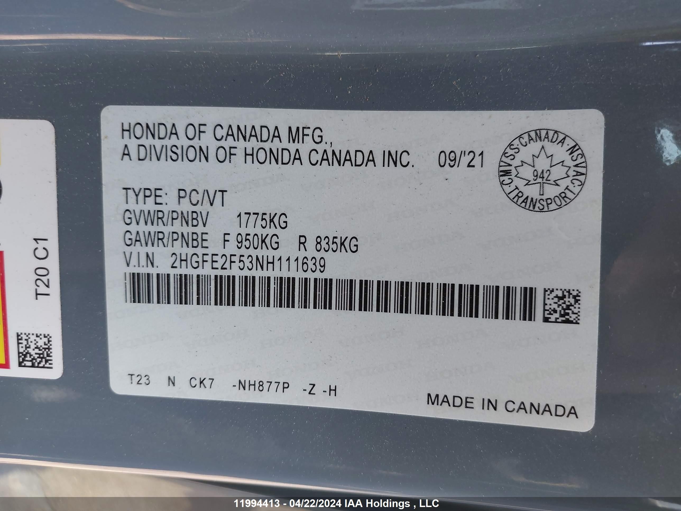 Photo 8 VIN: 2HGFE2F53NH111639 - HONDA CIVIC 