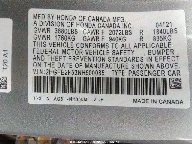 Photo 8 VIN: 2HGFE2F53NH500085 - HONDA CIVIC SEDAN 