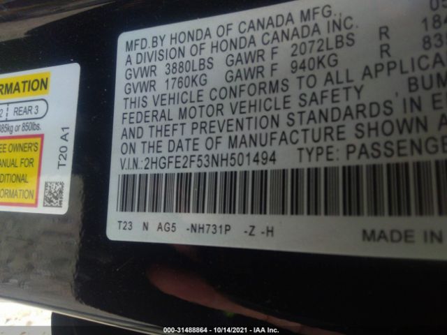 Photo 8 VIN: 2HGFE2F53NH501494 - HONDA CIVIC SEDAN 