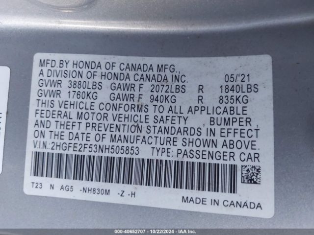 Photo 8 VIN: 2HGFE2F53NH505853 - HONDA CIVIC 