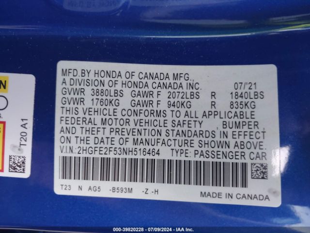 Photo 8 VIN: 2HGFE2F53NH516464 - HONDA CIVIC 