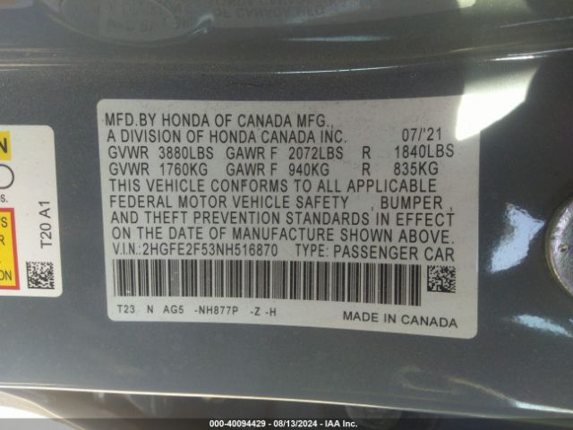 Photo 8 VIN: 2HGFE2F53NH516870 - HONDA CIVIC 