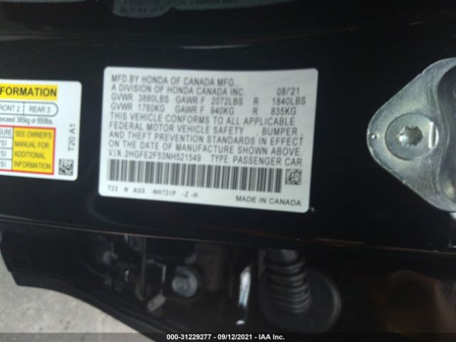 Photo 8 VIN: 2HGFE2F53NH521549 - HONDA CIVIC SEDAN 