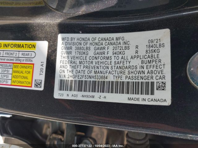 Photo 8 VIN: 2HGFE2F53NH533684 - HONDA CIVIC 