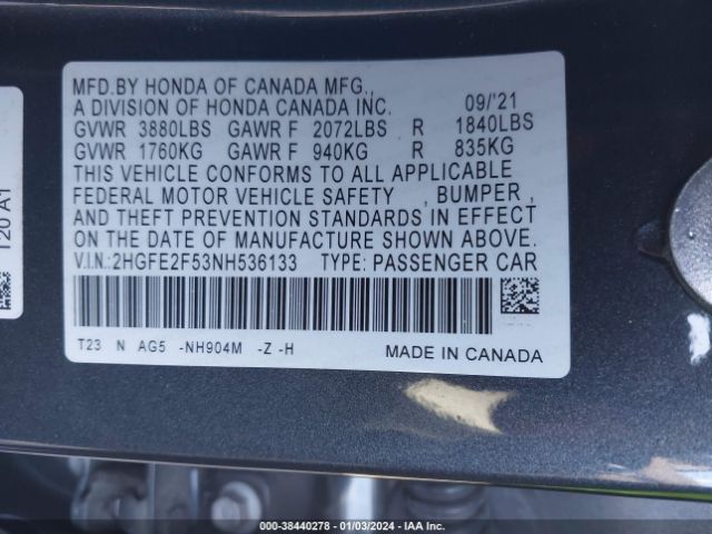 Photo 8 VIN: 2HGFE2F53NH536133 - HONDA CIVIC 