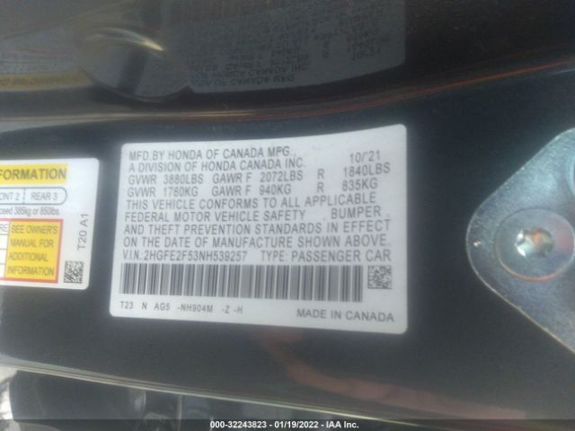 Photo 8 VIN: 2HGFE2F53NH539257 - HONDA CIVIC SEDAN 