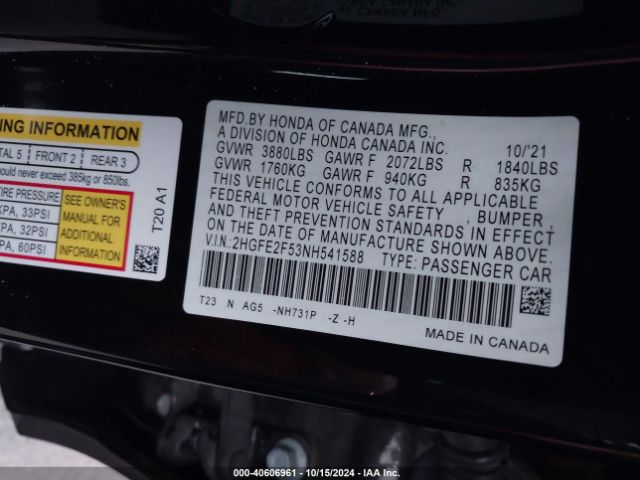 Photo 8 VIN: 2HGFE2F53NH541588 - HONDA CIVIC 