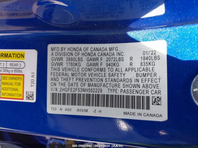 Photo 8 VIN: 2HGFE2F53NH562229 - HONDA CIVIC 