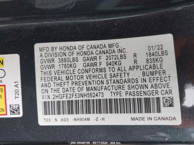 Photo 8 VIN: 2HGFE2F53NH562473 - HONDA CIVIC 