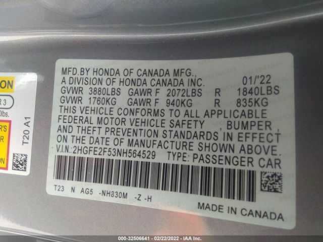 Photo 8 VIN: 2HGFE2F53NH564529 - HONDA CIVIC SEDAN 