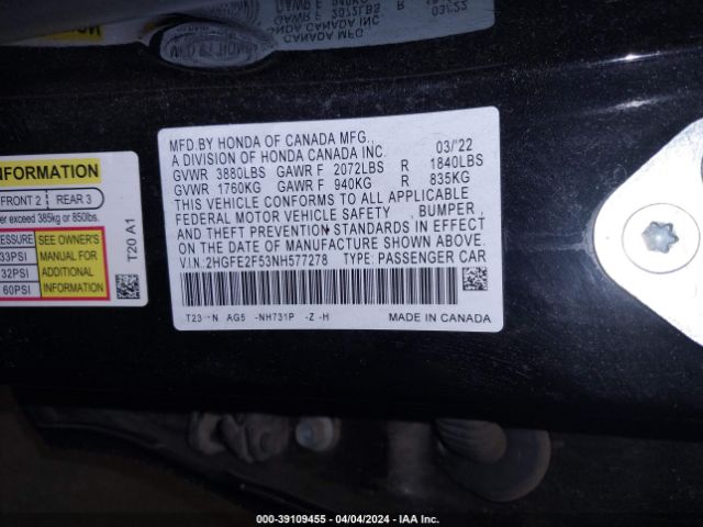 Photo 8 VIN: 2HGFE2F53NH577278 - HONDA CIVIC 