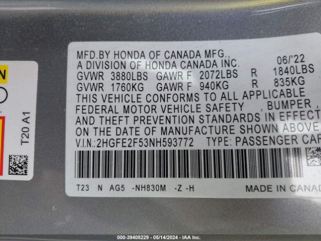 Photo 8 VIN: 2HGFE2F53NH593772 - HONDA CIVIC 