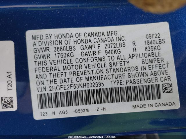 Photo 8 VIN: 2HGFE2F53NH602695 - HONDA CIVIC 