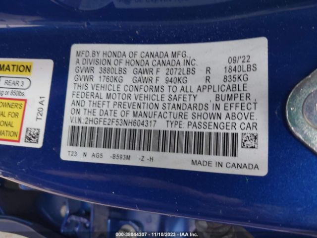 Photo 8 VIN: 2HGFE2F53NH604317 - HONDA CIVIC 