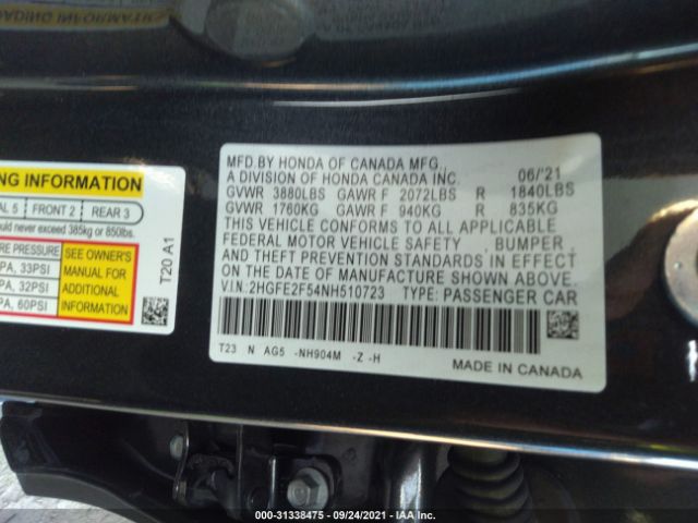 Photo 8 VIN: 2HGFE2F54NH510723 - HONDA CIVIC SEDAN 