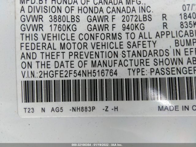 Photo 8 VIN: 2HGFE2F54NH516764 - HONDA CIVIC SEDAN 