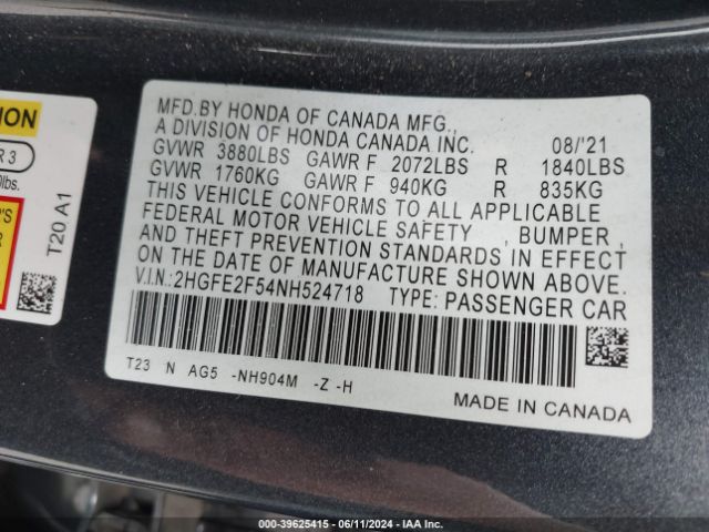 Photo 8 VIN: 2HGFE2F54NH524718 - HONDA CIVIC 