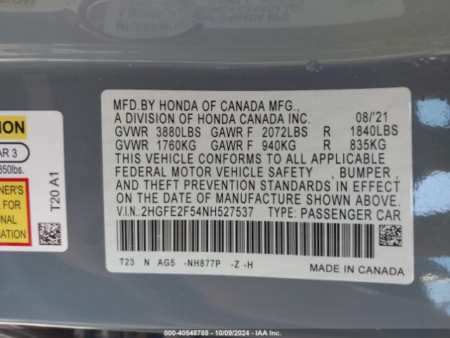 Photo 8 VIN: 2HGFE2F54NH527537 - HONDA CIVIC 