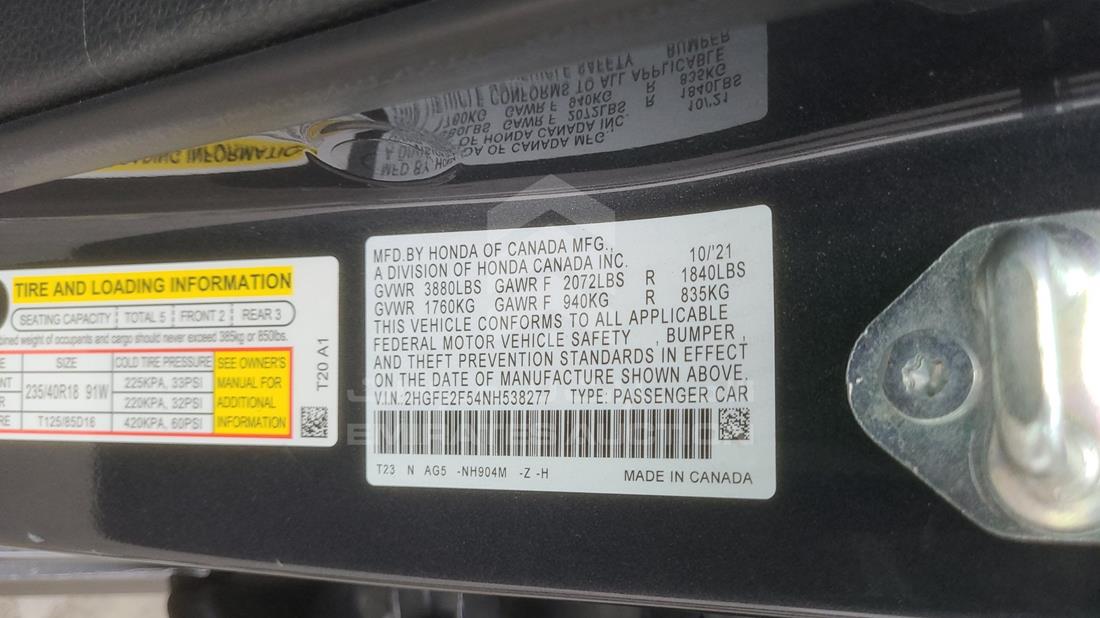 Photo 3 VIN: 2HGFE2F54NH538277 - HONDA CIVIC 