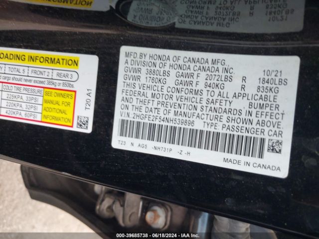 Photo 8 VIN: 2HGFE2F54NH539896 - HONDA CIVIC 