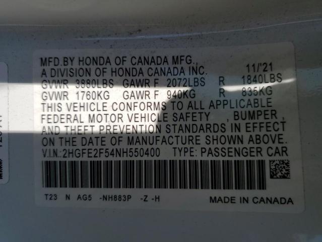 Photo 11 VIN: 2HGFE2F54NH550400 - HONDA CIVIC 