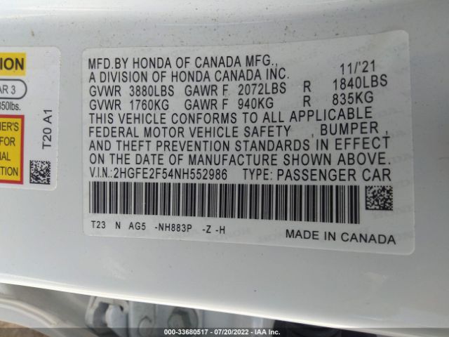 Photo 8 VIN: 2HGFE2F54NH552986 - HONDA CIVIC SEDAN 