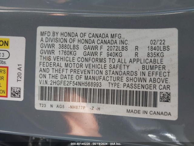 Photo 8 VIN: 2HGFE2F54NH568993 - HONDA CIVIC 