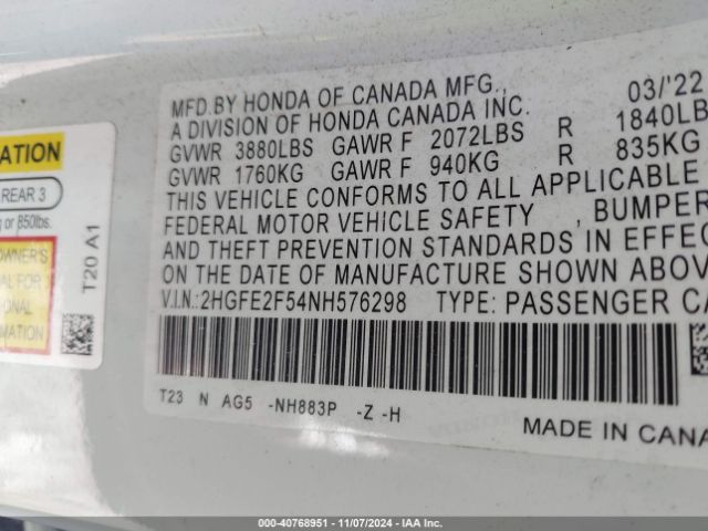 Photo 8 VIN: 2HGFE2F54NH576298 - HONDA CIVIC 