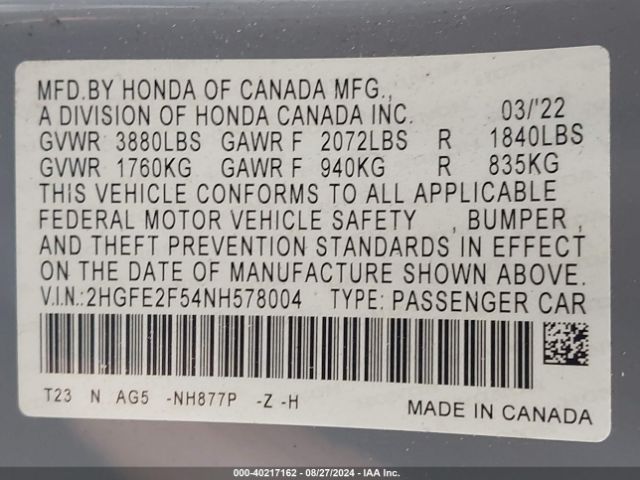 Photo 8 VIN: 2HGFE2F54NH578004 - HONDA CIVIC 