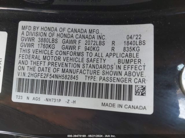 Photo 8 VIN: 2HGFE2F54NH582845 - HONDA CIVIC 