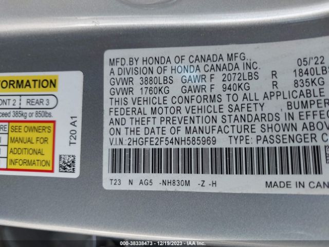 Photo 8 VIN: 2HGFE2F54NH585969 - HONDA CIVIC 