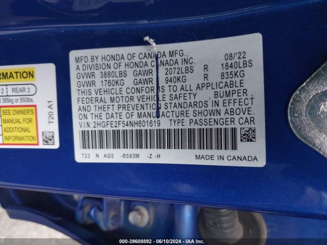 Photo 8 VIN: 2HGFE2F54NH601619 - HONDA CIVIC 