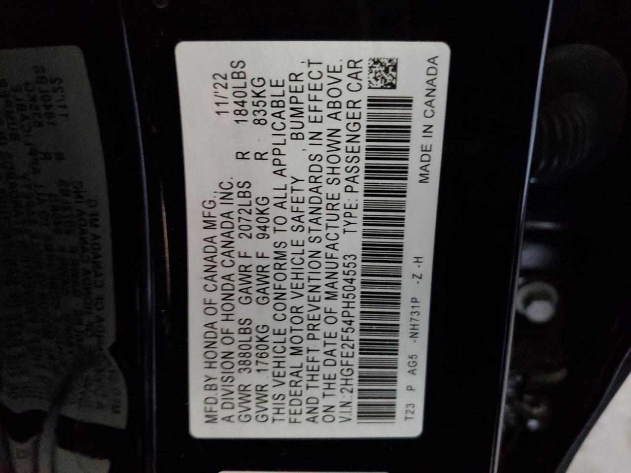 Photo 11 VIN: 2HGFE2F54PH504553 - HONDA CIVIC 