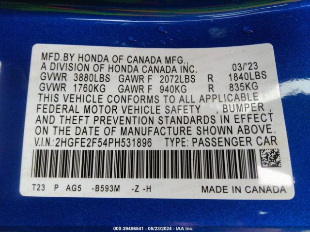 Photo 8 VIN: 2HGFE2F54PH531896 - HONDA CIVIC 