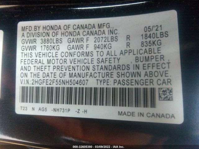 Photo 8 VIN: 2HGFE2F55NH504607 - HONDA CIVIC SEDAN 