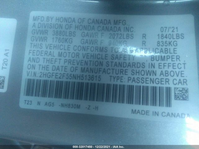 Photo 8 VIN: 2HGFE2F55NH513615 - HONDA CIVIC SEDAN 