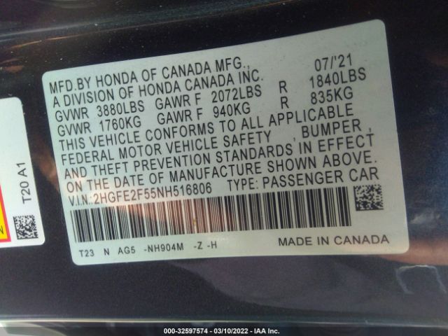 Photo 8 VIN: 2HGFE2F55NH516806 - HONDA CIVIC SEDAN 