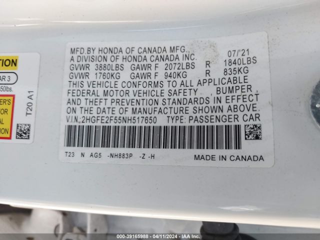 Photo 8 VIN: 2HGFE2F55NH517650 - HONDA CIVIC 