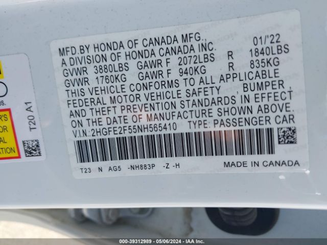 Photo 8 VIN: 2HGFE2F55NH565410 - HONDA CIVIC 