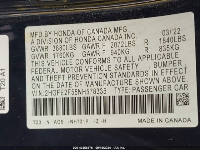 Photo 8 VIN: 2HGFE2F55NH578335 - HONDA CIVIC 