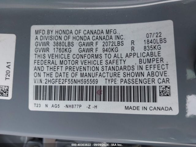 Photo 8 VIN: 2HGFE2F55NH595569 - HONDA CIVIC 