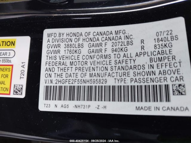 Photo 8 VIN: 2HGFE2F55NH595829 - HONDA CIVIC 