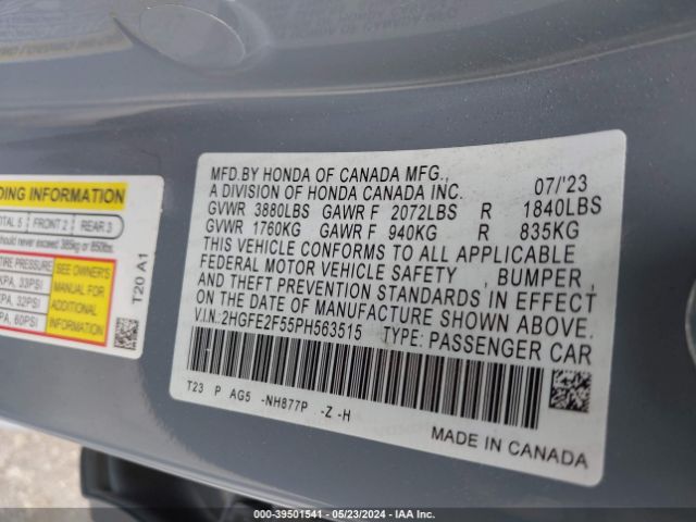 Photo 8 VIN: 2HGFE2F55PH563515 - HONDA CIVIC 