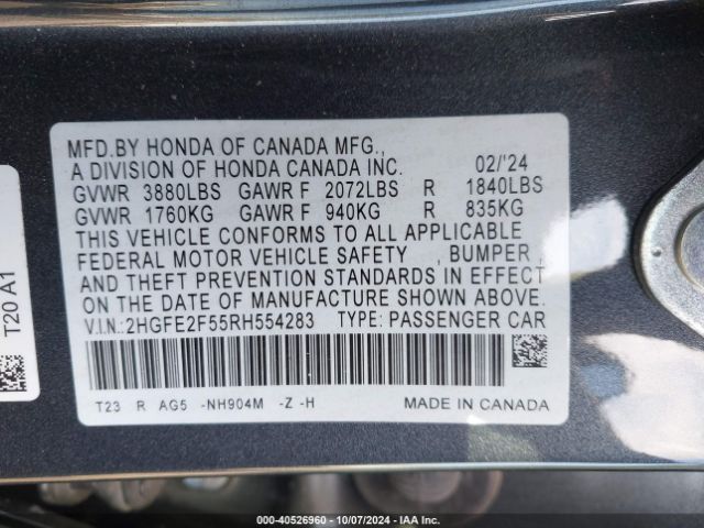 Photo 8 VIN: 2HGFE2F55RH554283 - HONDA CIVIC 