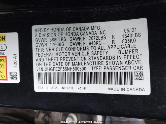 Photo 8 VIN: 2HGFE2F56NH500890 - HONDA CIVIC 