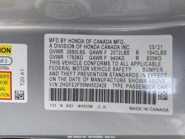 Photo 8 VIN: 2HGFE2F56NH502428 - HONDA CIVIC 